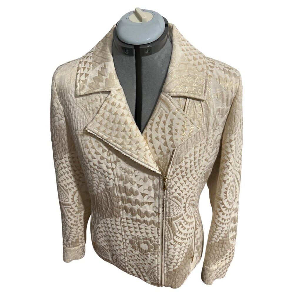 Chicos Womens Metallic Beige & Gold Textured Zip Up Jacket Size 1 (Med) - Picture 2 of 7